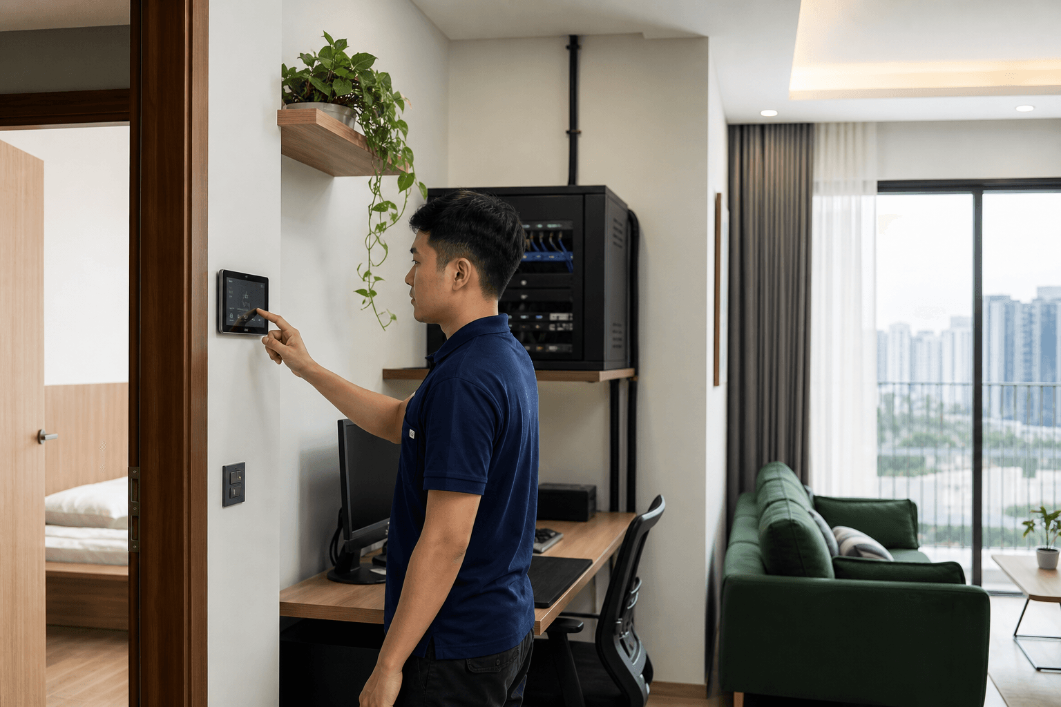 Kỹ thuật viên Phúc Lộc Tech cấu hình hệ thống tại công trình